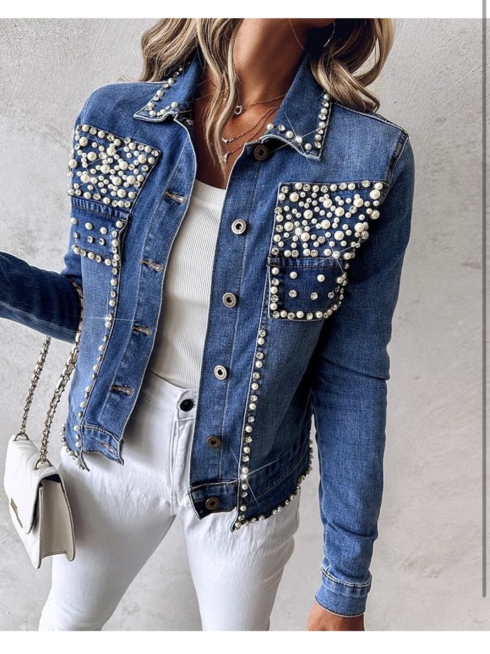 Denim Pearl Embellished Jean Jacket - Blue - Picture 2 of 5